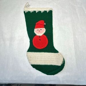 Vtg Handmade Crochet Christmas Stocking Green White Santa Claus Jingle Bell Holi
